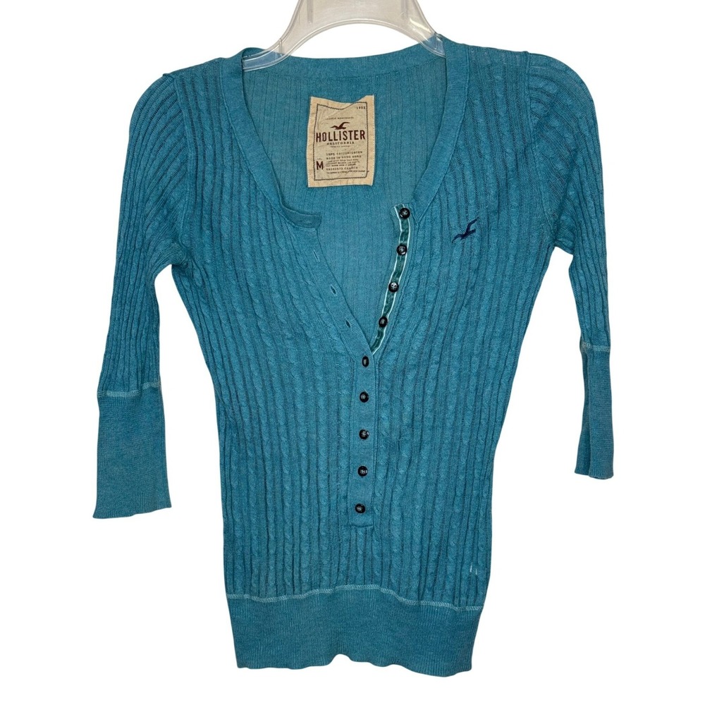 Hollister Henley Top  Medium Teal Blue Y2K Ribbed Cable 3/4 Sleeve - Picture 5 of 8
